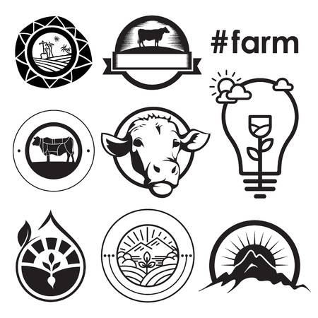 Farm house concept logo emblem template with farm landscape. Label for natural farm products black logotype isolated on white background vector illustrationのイラスト素材