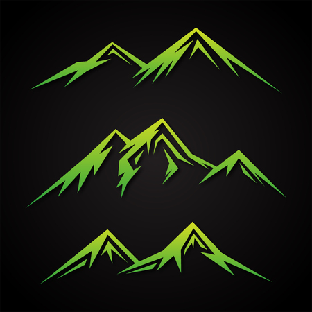 Set luxury mountain with green color on the black background. Mountains and travel icons for tourism organizations or outdoor events and mountains leisureのイラスト素材