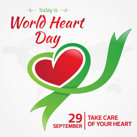 Today is World Heart Day greeting card with graphic map and heart ribbon. Vector illustration concept World Heart Day background for banner or poster.のイラスト素材