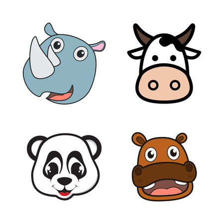 Cute smilling animals head icons for child birthday. Wildlife funny cartoon and vector design.のイラスト素材
