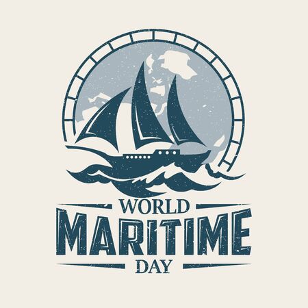 World Maritime Day with sailboat in old style background emblem. Holidays around the world of maritime day. Vector illustrationのイラスト素材