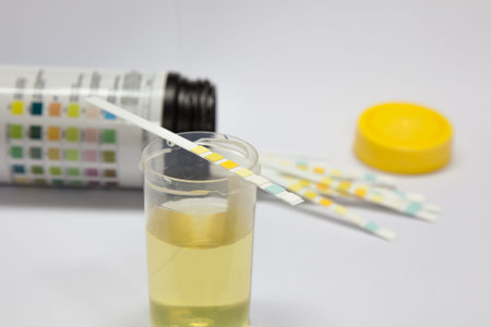 UA, Urinalysis, Urine cup and urine strip test in white background