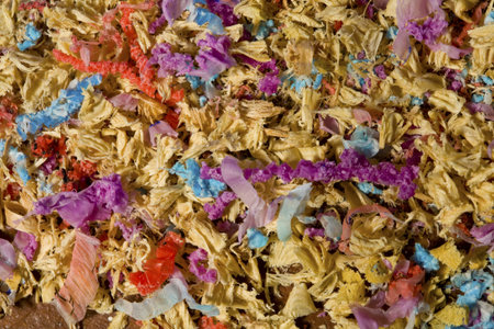 Shavings from working on a lathe, many colors の写真素材