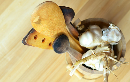 wooden kitchen equipment on table の写真素材