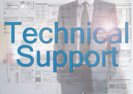 Businessman standing behind transparent board with diagrams and text Technical Support