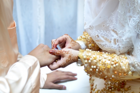 the bridge put a wedding ring to the grom handの写真素材