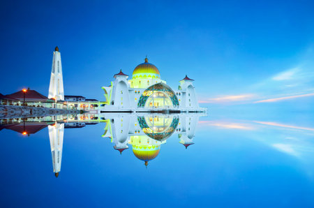 majestic floating mosque during blue hourのeditorial素材