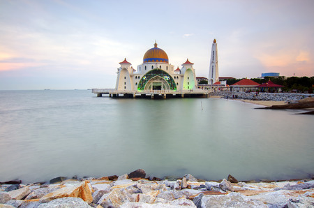 Majestic view of Malacca Straits Mosque during sunset.の写真素材