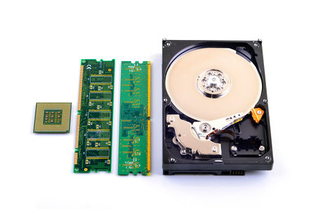 CPU, RAM module and HDD on white background. Selective focus. Shallow DOF