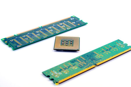 CPU, RAM module on white background. Selective focus. Shallow DOF