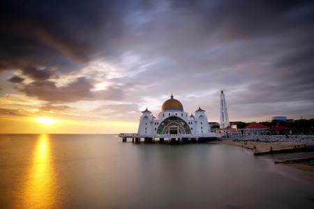 Majestic view of Malacca Straits Mosque during sunset.の写真素材