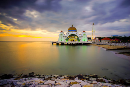 Majestic view of Malacca Straits Mosque during beautiful sunsetの写真素材