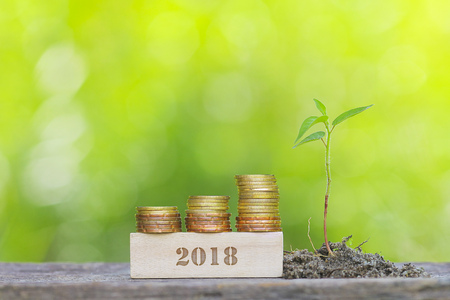 2018 Golden coin stacked with wooden bar on shallow DOF green backgroundの写真素材