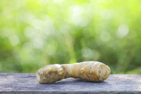 Ginger on wooden table with fresh green shallow DOF backgroundの写真素材