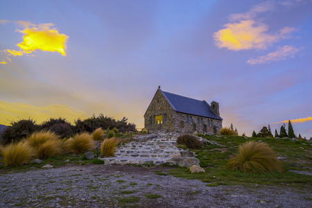 Sunrise at the Church of the Good Shepard, New Zealandの写真素材