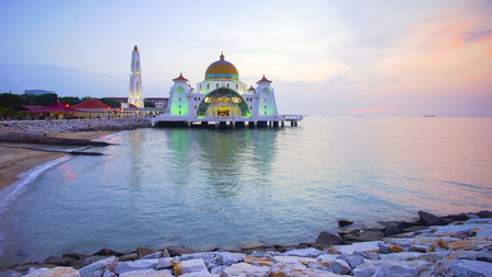 Majestic view of Malacca Straits Mosque during sunset.の写真素材