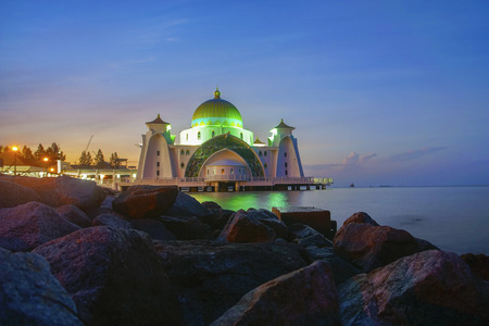 Majestic view of Malacca Straits Mosque during sunset.の写真素材