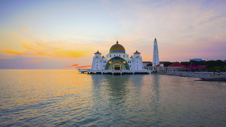Majestic view of Malacca Straits Mosque during sunset.の写真素材