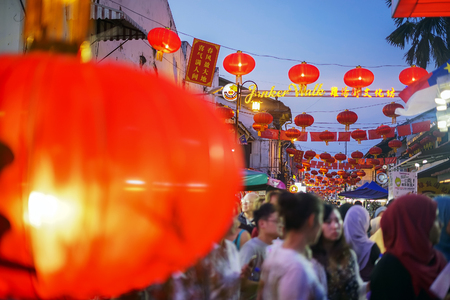 MALACCA, MALAYSIA - February 11, 2018; Red Lanterns and Chinese letter in Jonker Walk, Malaccaのeditorial素材