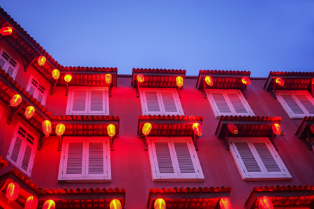 Red building and lantern during blue hourの写真素材