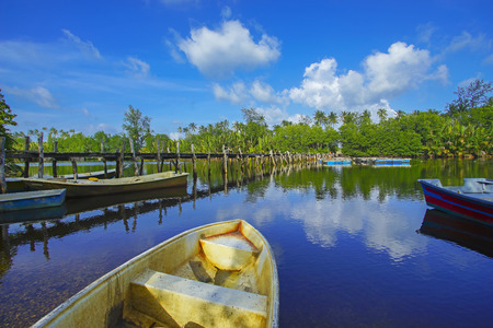 Old broken abandoned fisherman jetty / pier made from wood.の写真素材