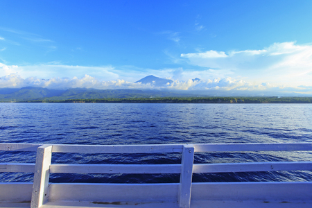 Majestic Mount Rinjani, Indonesia view from tourist boatの写真素材