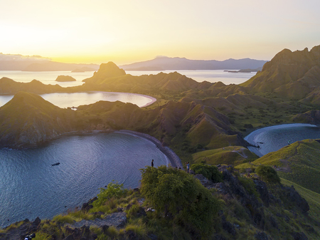 Panoramic view of majestic Padar Island during magnificent sunset. Soft focus and Noise slightly appear due to high isoの写真素材