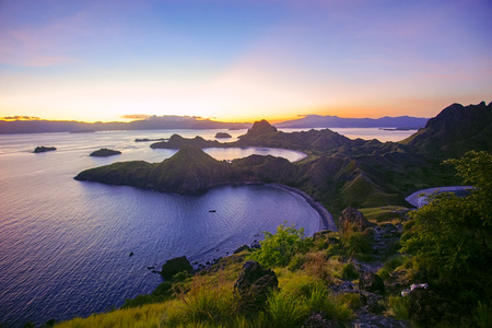 Panoramic view of majestic Padar Island during magnificent sunset. Soft focus and Noise slightly appear due to high isoの写真素材