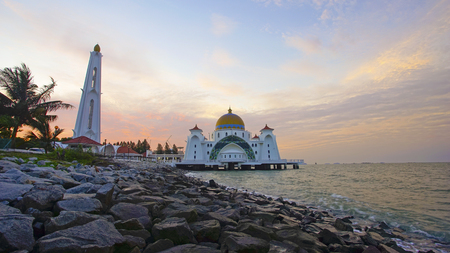Majestic view of Malacca Straits Mosque during sunset.の写真素材