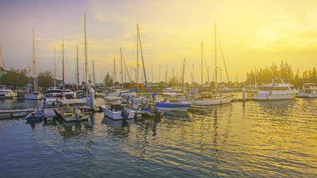 Sunset view of beautiful yatch at harbourの写真素材