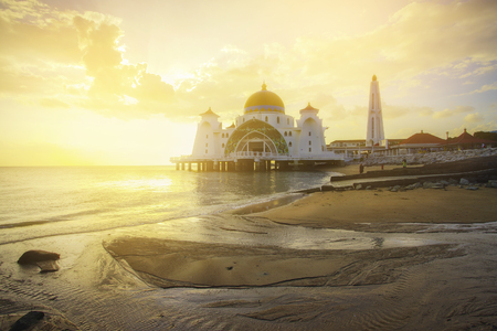 Majestic view of Malacca Straits Mosque during sunset.の写真素材