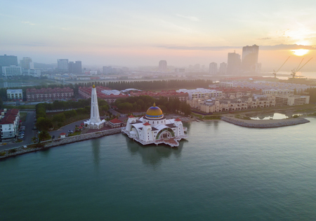 Arial view of Malacca Straits Mosque during sunset.の写真素材