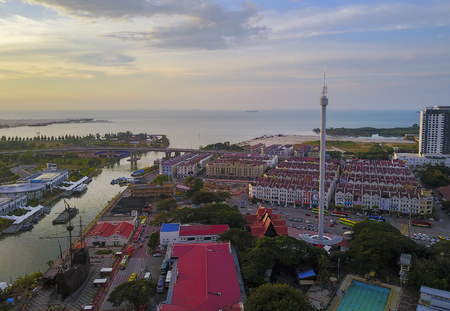 MALACCA, MALAYSIA - FEB 2, 2017: Arial View of Menara Taming Sari Tower. Malacca City is the capital city of the Malaysian state of Malacca.のeditorial素材