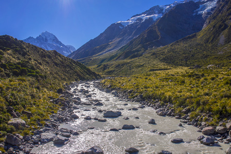 Mount Tasman Valleys , Aoraki Mt Cook national park Southern Alps mountain South Island New Zealandの写真素材