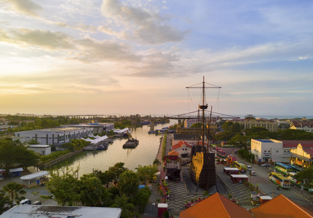 Melaka, Malaysia - March 22, 2016: Arial view Exterior of Malacca Maritime Museum or Muzium Samudra. Replica of the 'Flora de La Mar' a Portuguese ship that sank off the coast of Melaka at night.のeditorial素材