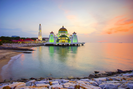 Majestic view of Malacca Straits Mosque during sunset.の写真素材