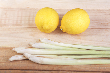 Lemon and lemongrass on wooden background. Healthy lifestyleの写真素材