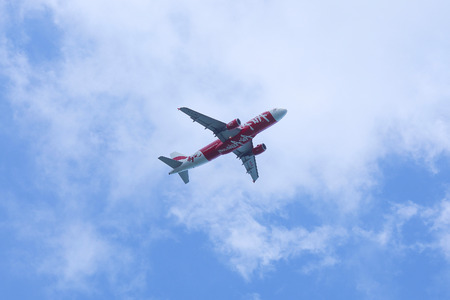 Bangkok, Thailand. February 28,2017 ; Thai Airasia X Airbus A330-343 Reg. HS-XTE on final approach at Don mueang International Airport with blue sky background.のeditorial素材