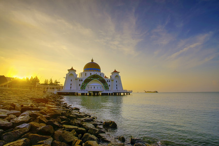 Majestic view of Malacca Straits Mosque during sunset.の写真素材