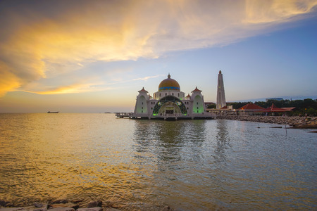 Majestic view of Malacca Straits Mosque during sunset.の写真素材
