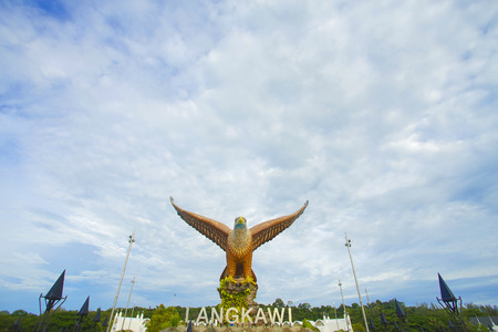 Shot of Langkawi's famous landmark the Eagle square, Dataran Lang, from the sea in front of it.の写真素材