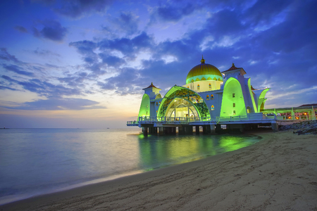 Majestic view of Malacca Straits Mosque during sunset.の写真素材
