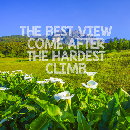 Inspirational motivation quote The best view comes after the hardest climb on natureの写真素材