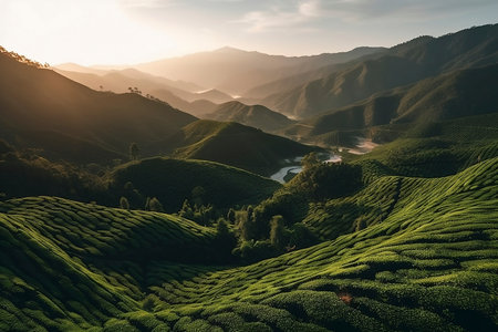 Viewpoint on the top of cameron highland, tea valley and sunrise - AIの素材