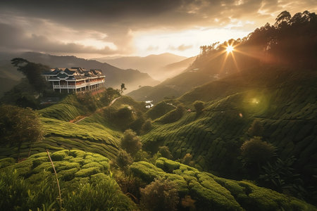 Viewpoint on the top of cameron highland, tea valley and sunriseの素材