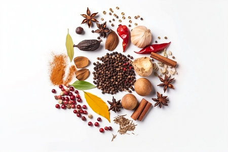 Top view of spices ingredient isolated on white backgroundの素材