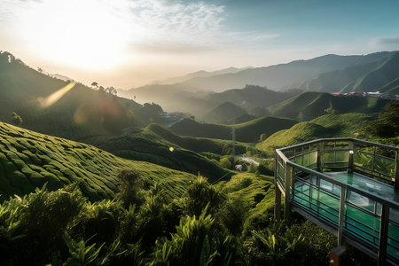 Viewpoint on the top of cameron highland, tea valley and sunrise - AIの素材