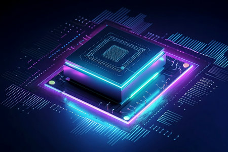 Futuristic blue neon microchip, data exchange and collection, smart new microchip concept. Quantum computer, large data concept. CPU isometric banner. Central Computer Processorsの素材