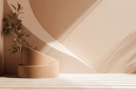 Blank beige brown cement curve counter podium with texture, soft beautiful dappled sunlight, leaf shadow on white wall for luxury organic cosmetic, skincare, beauty treatment product backgroundの素材