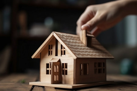 Selective focus image of hand showing house. Loan home conceptの素材